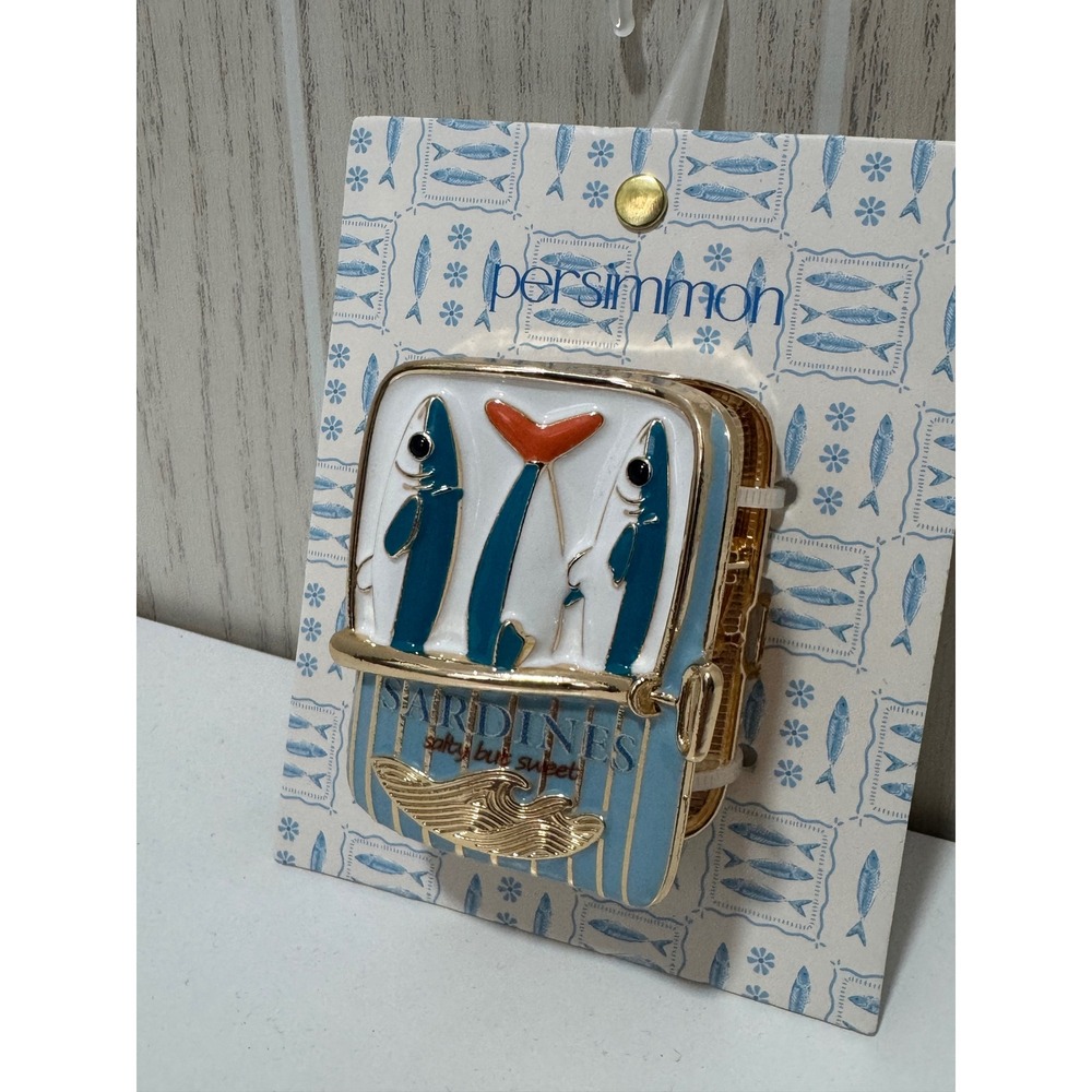 Persimmon Sardine Can Hair Claw Clip Gold Enamel Fish Tin Nautical Accessory